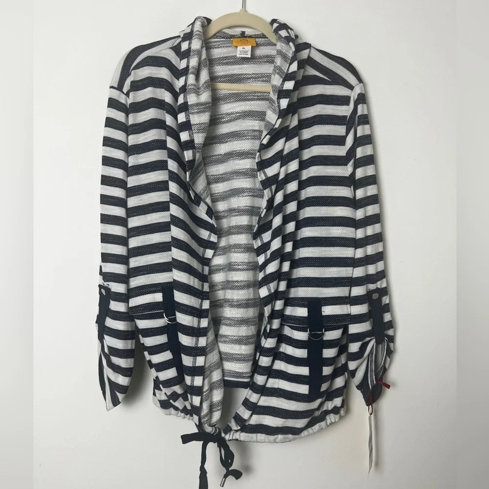 NEW Ruby Rd. Petite White & Navy‎ Nautical Stripe Hooded Open Coverup  Cardigan